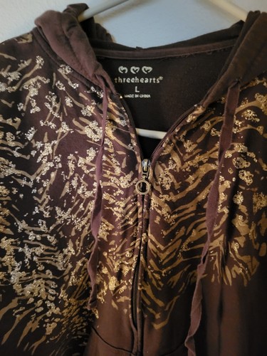 Three Hearts Size L Teen Brown Gold Sparkle Accents Hoodie Full Zip 24 L 21 Acro - Picture 16 of 24