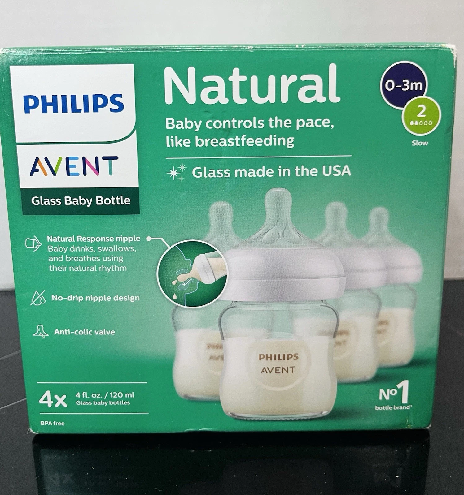 PHILIPS AVENT Natural Glass Baby Bottles 4oz 4 Pack Slow Flow NEW Open Box