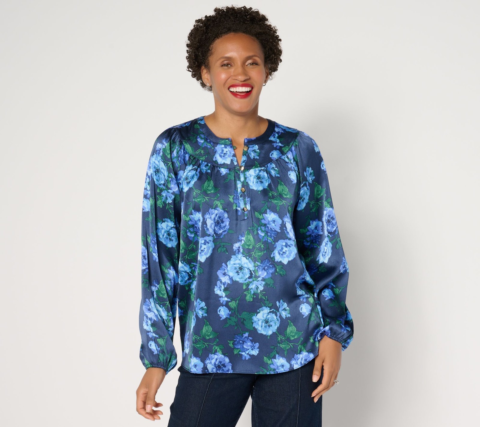 Isaac Mizrahi Live! Women's Top Sz S Printed Hammered Satin Blouse Blue A667593