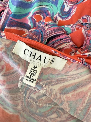 Chaus Paisley Tie Waist Midi Dress Womens L Coral Surplice Short Sleeve Coastal - Picture 3 of 8