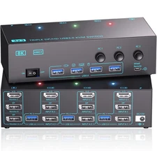 3 Monitors 3 Computers KVM Switch, 8K@60Hz KVM Switcher, 3 Monitors 3 Compute...