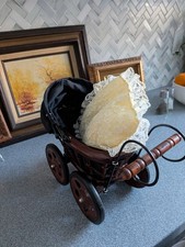 Vintage Victorian Style Bentwood and Metal Miniature Doll Baby Pram/Carriage 11"