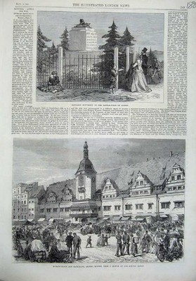 Alter antiker Druck 1866 Naploeon Denkmal Leipziger Marktplatz Rath-Haus 19.