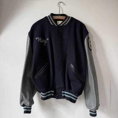 Vintage DeLong Letterman Varsity Jacket XL Blue Wool & Gray Leather Largo Lions