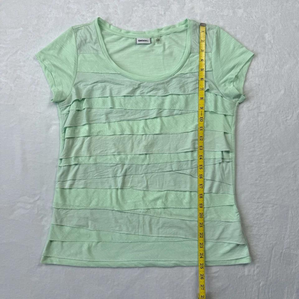 DKNY Top L 衬衫 DKNYC 蓝绿色薄荷分层荷叶边圆领短袖弹力 — 第 3/4 张图片