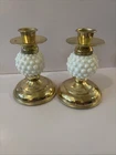 Vintage Pair of White Milk Glass Hobnail Sphere Taper Candle Holders