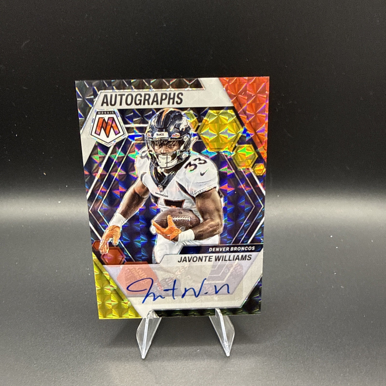 2023 Panini Mosaic JaVonte Williams AUTO RED YELLOW Choice Bronco #AH-JW