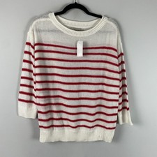 LOFT Pullover Sweater Size Small White Red Stripe 3/4 Sleeves Open Knit