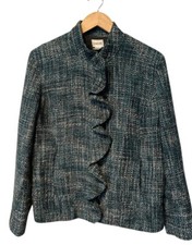 Chicos Blue Tweed Ruffle Front Jacket Large 2