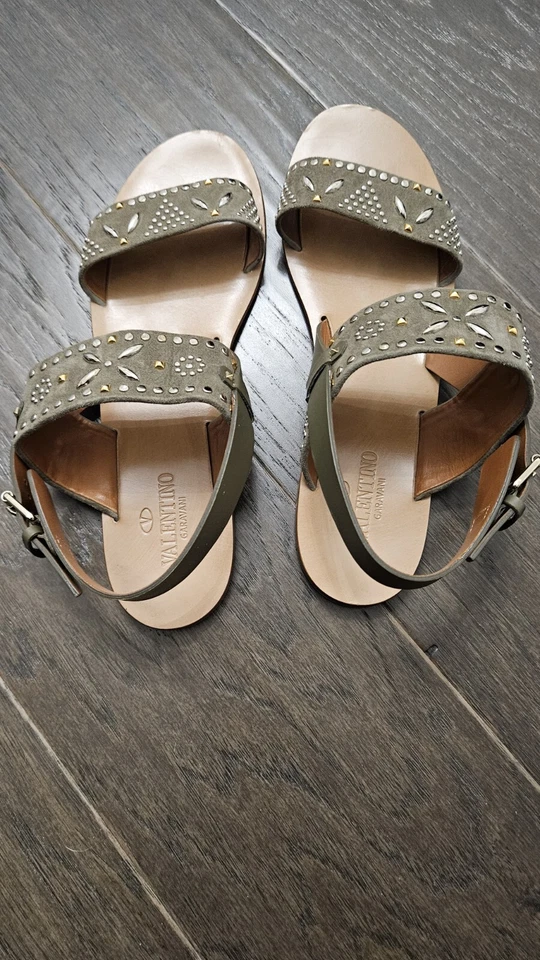 Valentino Garavani Olive Suede Studded Flat Sandals Size 40 EU/ US 10 - Image 3 of 4