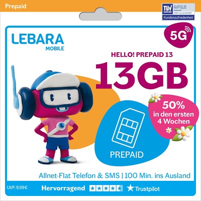 LEBARA HELLO! 13 Prepaid SIM-Karte | Allnet-Flat Telefonie & SMS | 13 GB Daten