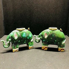 Ceramic Elephant taper candle holders (2)Hand crafted pottery green/multicolor
