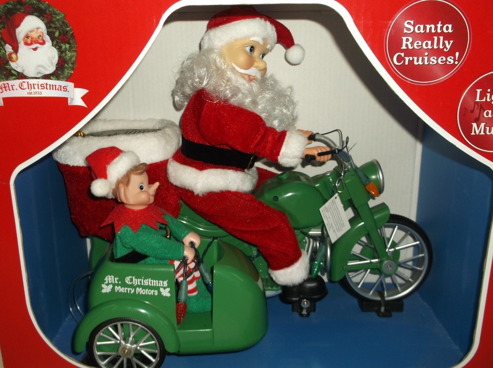 Mr. Christmas Animated Santa On Motorcycle With Sidecar & Elf Lights