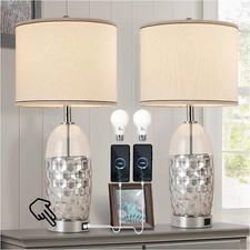 Set of 2 Table Lamps for Bedroom, 26.5'' Glass Bedside Table Lamps with USB A C