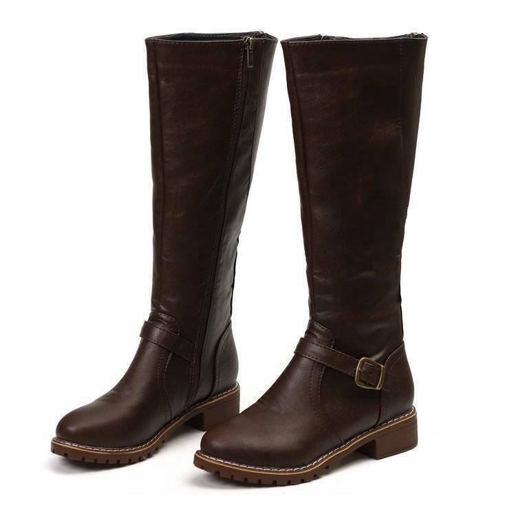 Botas informales de equitación hasta la rodilla invierno con cremallera tacón bajo zapatos de pantorrilla ancha para mujer