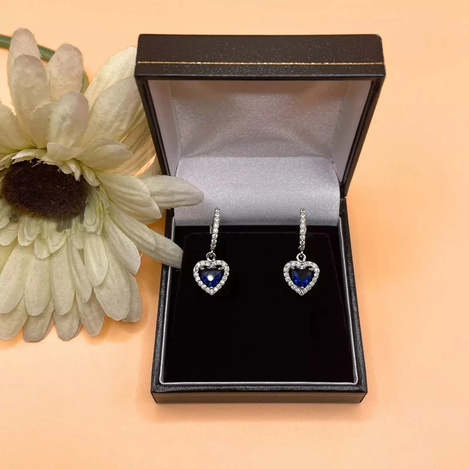 White gold finish blue sapphire heart and created diamond Droplet earrings — 第 3/4 张图片