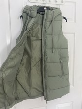 New Ladies Green Longline Gilet With Hood, Size S (8-10) Padded And Fully Lined