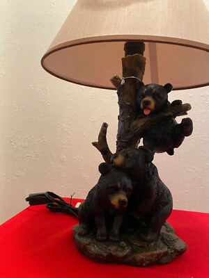 Zeckos Black Bear Family Table Lamp W/ Tree Bark Print Shade