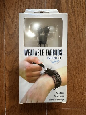 NIB Infinitek Adjustable Anti Tangle Wearable Earbuds Black & Gray 4ft Long