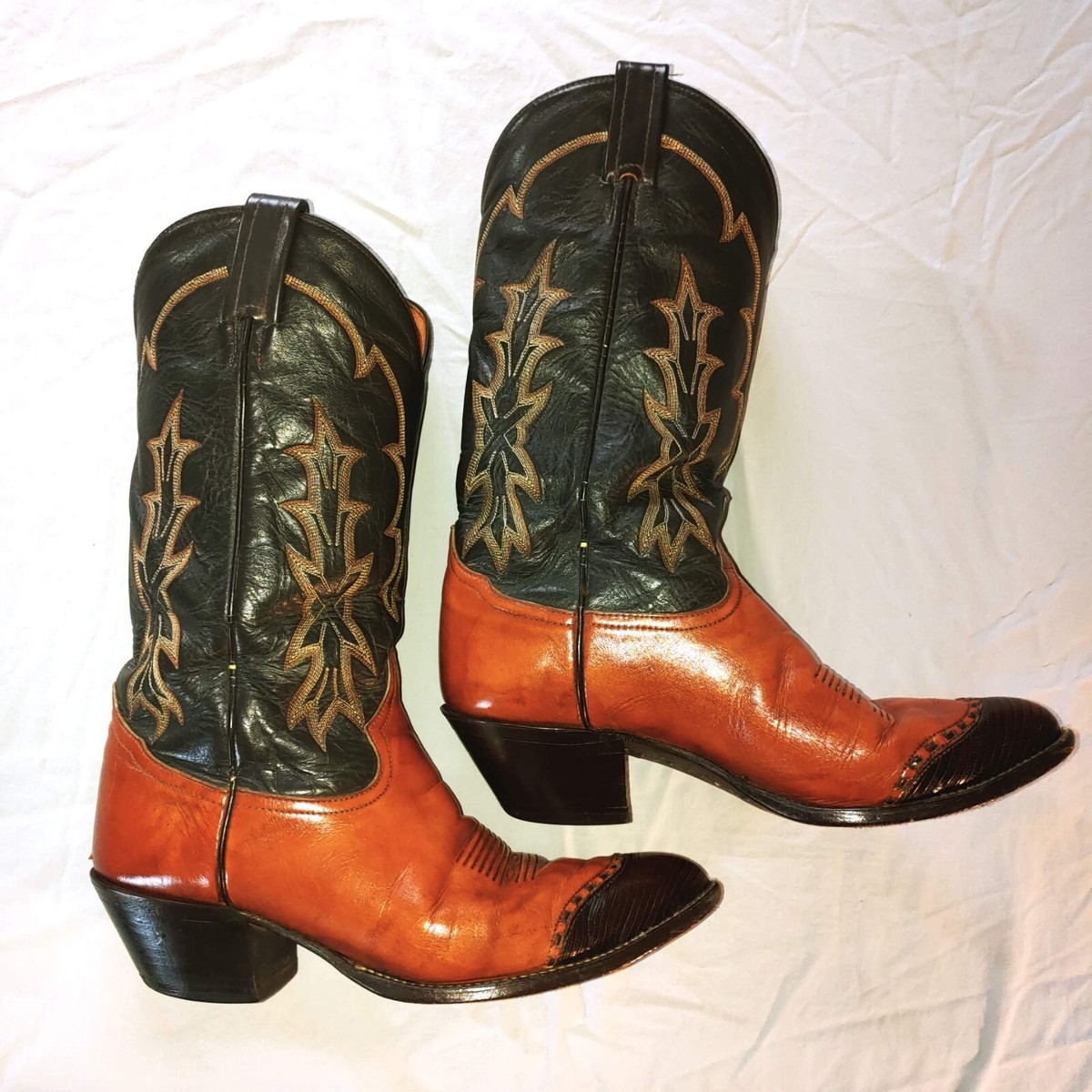 Tony Lama men's used Wingtip cowboy boots, brown, Pointed toe