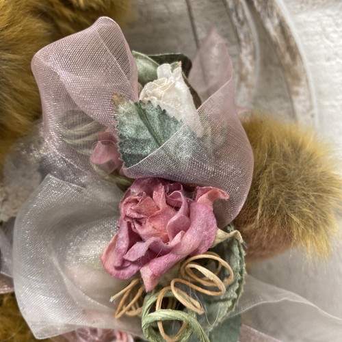 Victorian Teddy Bear 16" Long Jointed Plush Headband & Flowers, Lace Collar VTG - Picture 3 of 7