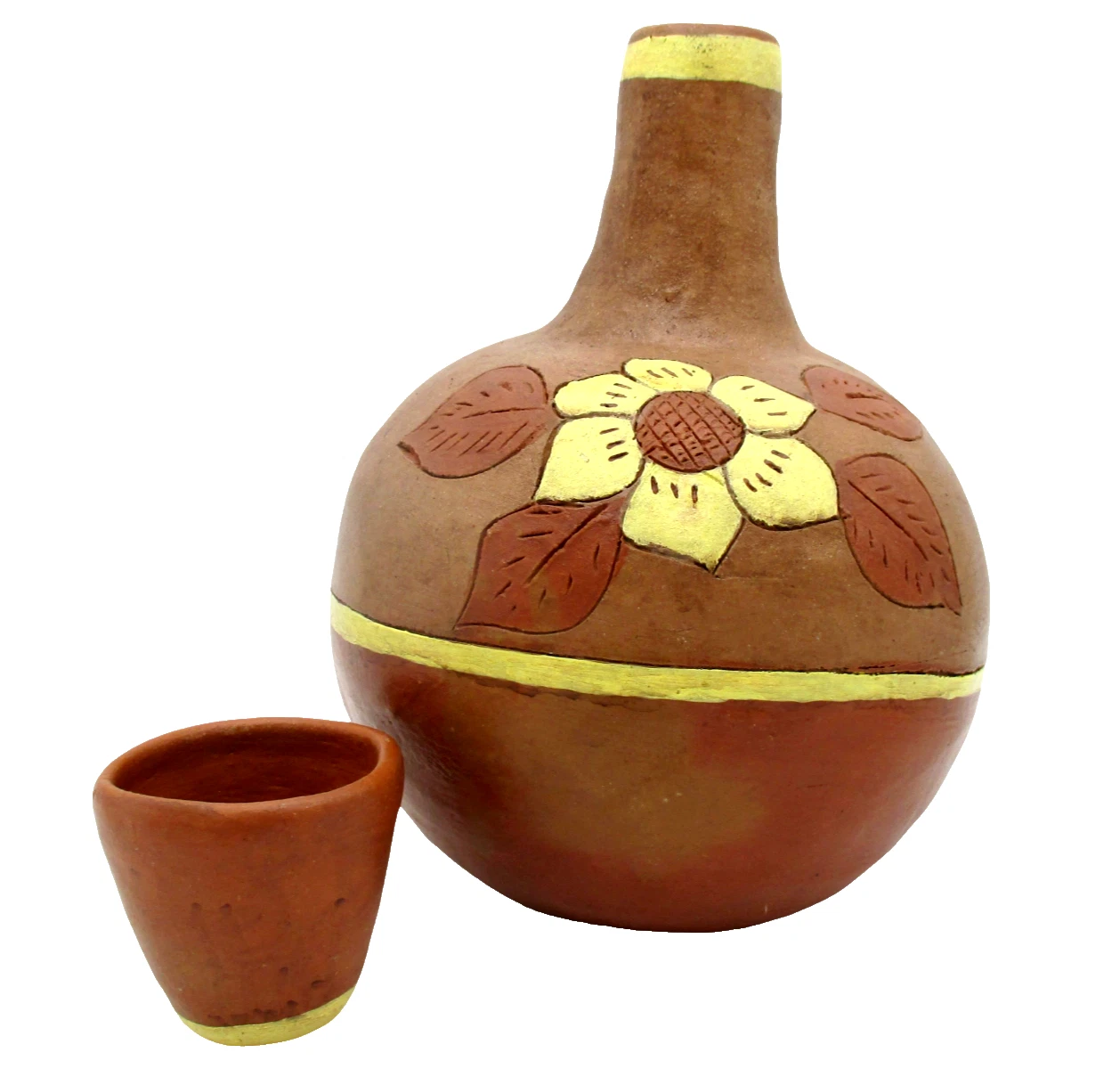 Mexican Pottery Water Jug Crock Terracotta Clay Pitcher Cup on Top