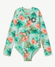 Justice Girls XS 5-6 Teal RashGuard Swimsuit One Piece Tropical Twist Detail