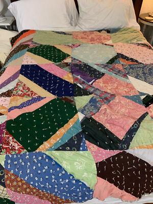 Vintage 100% cotton Handmade CRAZY QUILT Twin 80 X 72