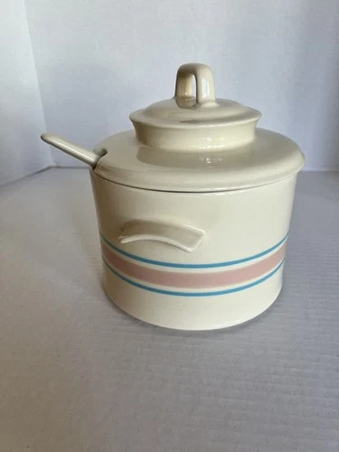 McCoy Pink & Blue Stripe Soup Tureen Ladle Lid 0164 Mid-Century Serving Bowl USA