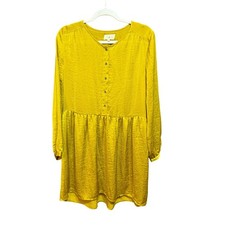 Chartreuse Yellow Satin Babydoll High-Low Long Sleeve Button Front Dress M