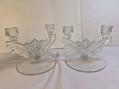 Tiffin Feathered Wing Double Light Candlestick Holders - Vtg Pair Art Deco 