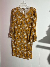 Old Navy Womens Mustard Yellow Floral Shift Dress with Ruffled Bell Sleeves Size