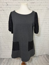 Anthropologie Gray and Black Houndstooth Dress Lace Sleeves Womens Medium
