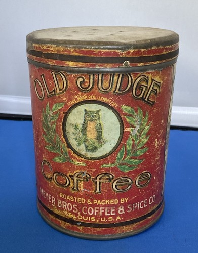 Vintage Old Judge Coffee Tin Owl Logo Paper Label Tin W/lid Advertising St Louis