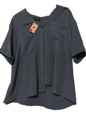 Jolie & Joy Women s Blue Solid Collared Button Short Sleeve Blouse Plus 1X