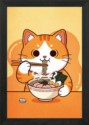 Cute Cat Eating Ramen Illustration Framed Wall Art Poster Canvas Print Picture