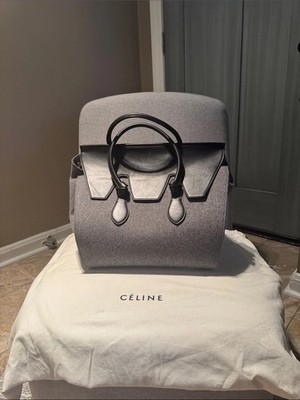 Celine Tie Tote Gray Felt Black Leather Handbag Authentic Phoebe Philo