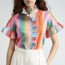 Mille Resort & Travel Vanessa Ruffle Button Down Blouse Women's XL Stripe $196