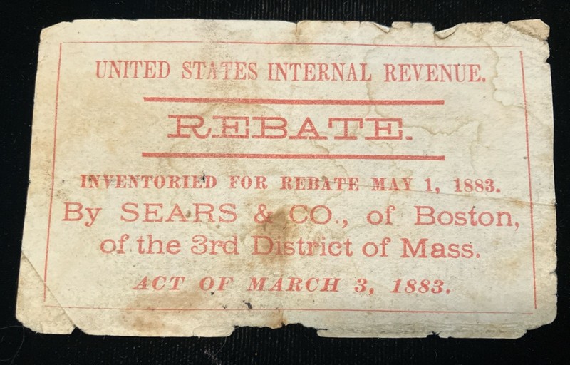 Rare- US Internal Revenue REBATE Coupon-SEARS & Co, Boston- Act Of March 3, 1883