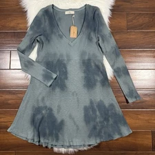 Natural Life Size Large Blue Gray Tie Dye Ribbed V Neck Tunic Top Mini Dress