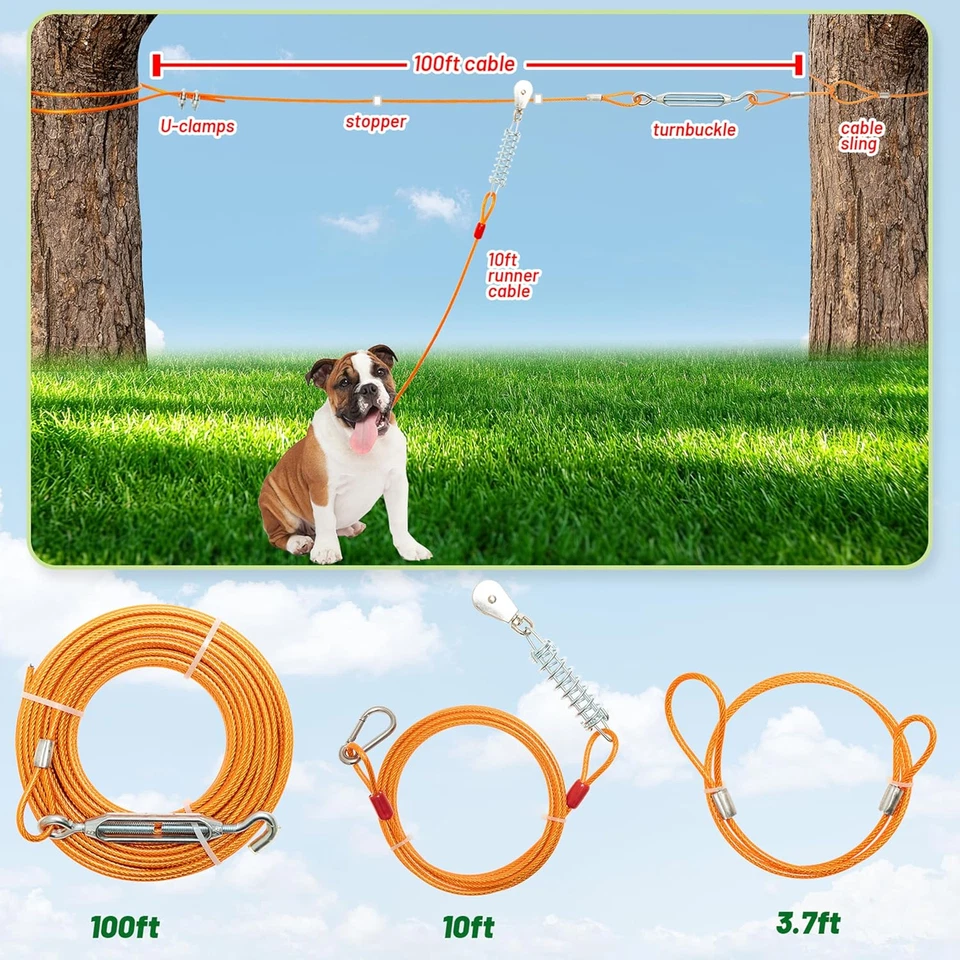 Cable de amarre para perros de 100 pies con correa de carro de 10 pies para patio, carrera de mascotas de alta resistencia Foto 2 de 4