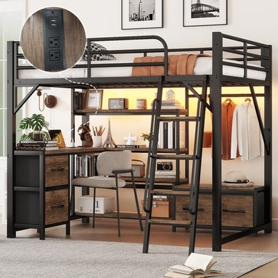Full Size Loft Bed w/Desk and Light, Metal Loft Bed w/Storage Shelves, Wardrobe