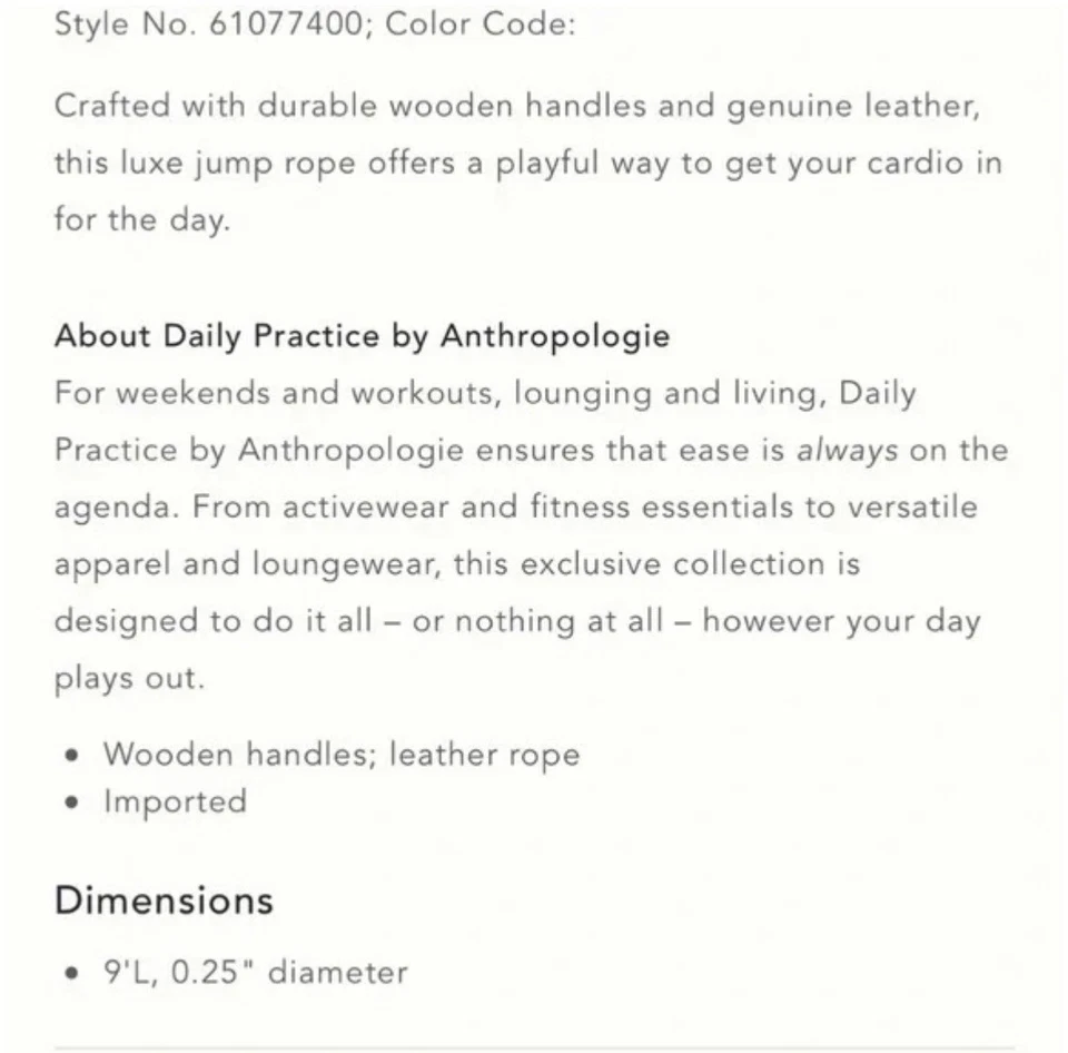 Nueva cuerda de saltar de cuero de inicio fuerte para práctica diaria de Anthropologie precio de venta sugerido por el fabricante: $34 Foto 2 de 4