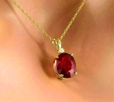 3Ct Oval Cut Red Ruby Diamond Solitaire Pendant Necklace 14K Yellow Gold Finish