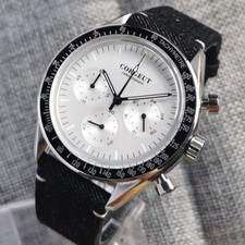 40mm Corgeut White dia quartz full chronograph Hour Mens watch Leather Strap