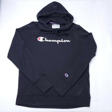 Champion Women  s Large Script Logo Black Hoodie Size Medium Distressed