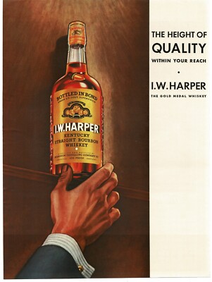 1940 I. W. Harper Bourbon Whiskey hand reaching for bottle art Vintage Print Ad