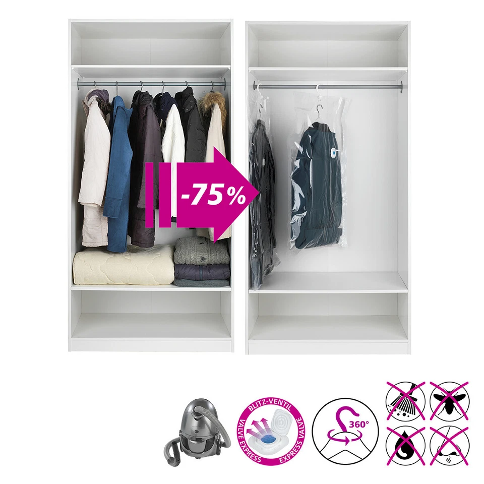 WENKO 2er Set Vakuum L Kleider Sack Aufbewahrung System Kleidung 70x105 Platz - Bild 2 von 4