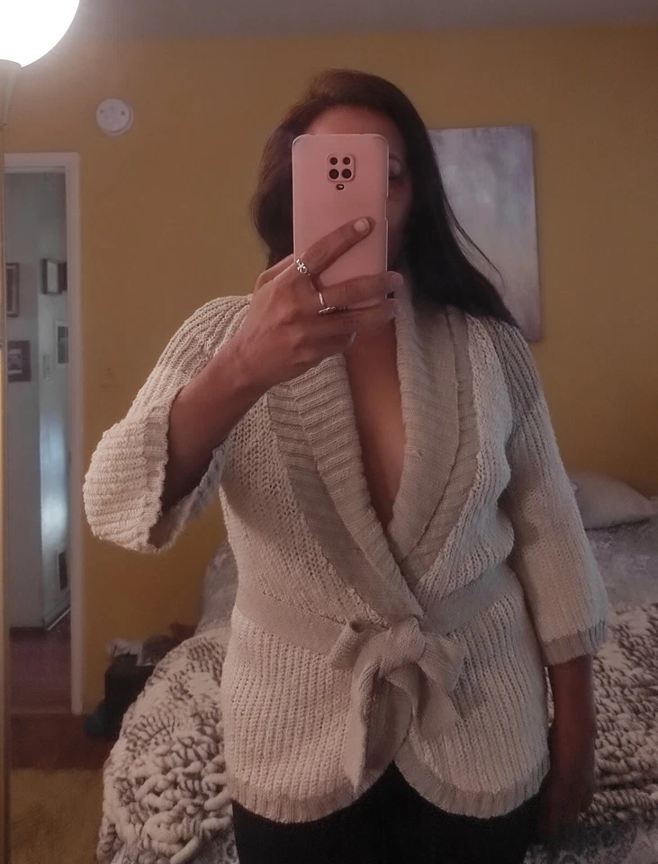 Cárdigan BCBG Mujer XS Crema/Beige Tejido con Cable Envoltura Frontal Gran Tamaño Algodón/Lino Foto 2 de 4