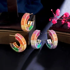 Rainbow Colorful Gold Plated Cubic Zircon Women Half Round Hoop Earrings Jewelry